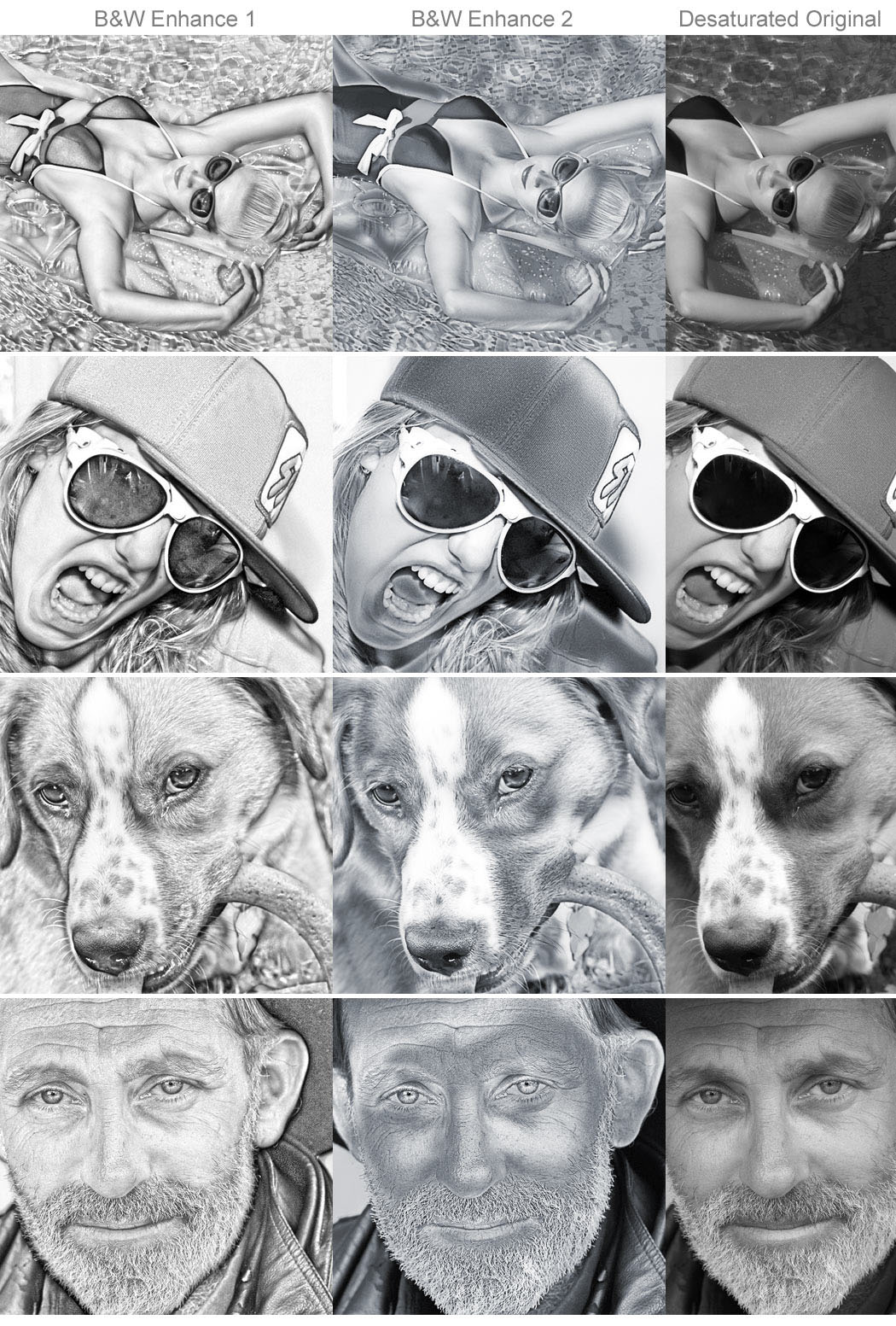 Compare the Enhancement 1 & 2 scripts along with a desaturated sample. Pencil Pixels Black & White Enhancement scripts